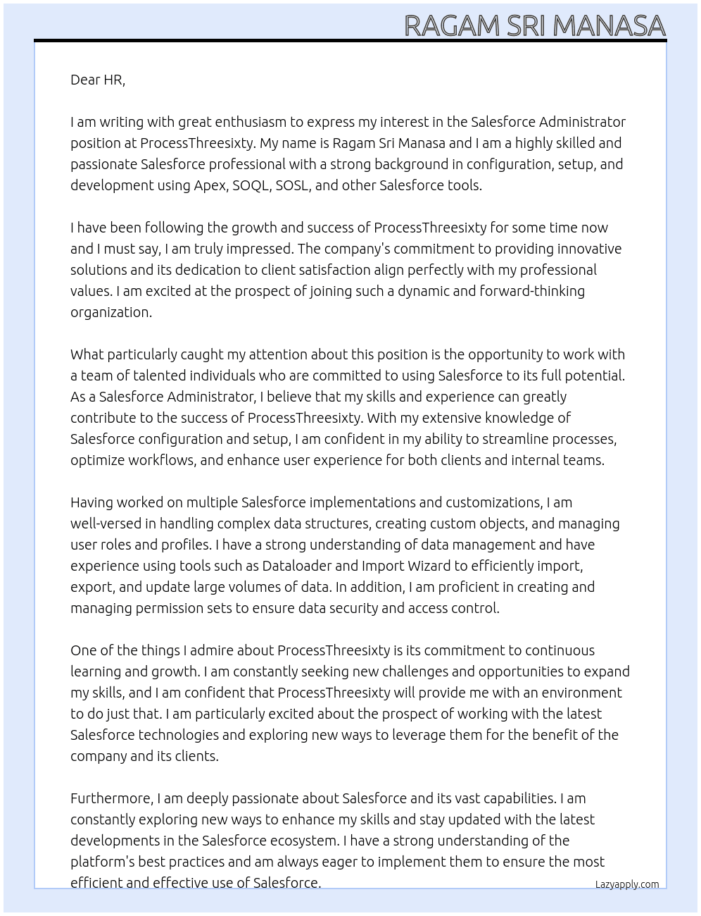 Salesforce Administrator At ProcessThreesixty Cover Letter