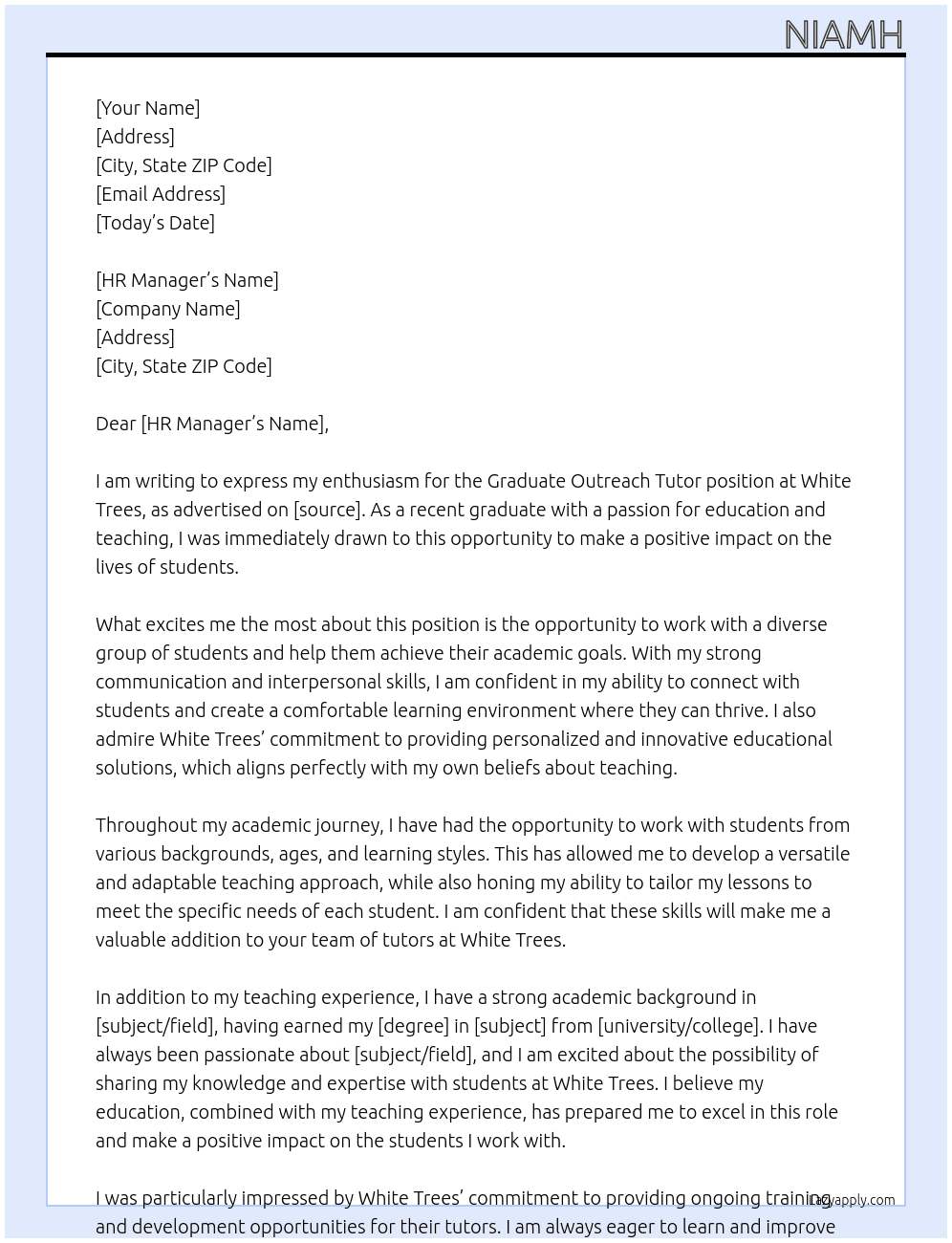 Graduate  Outreach tutor At White Trees Cover Letter