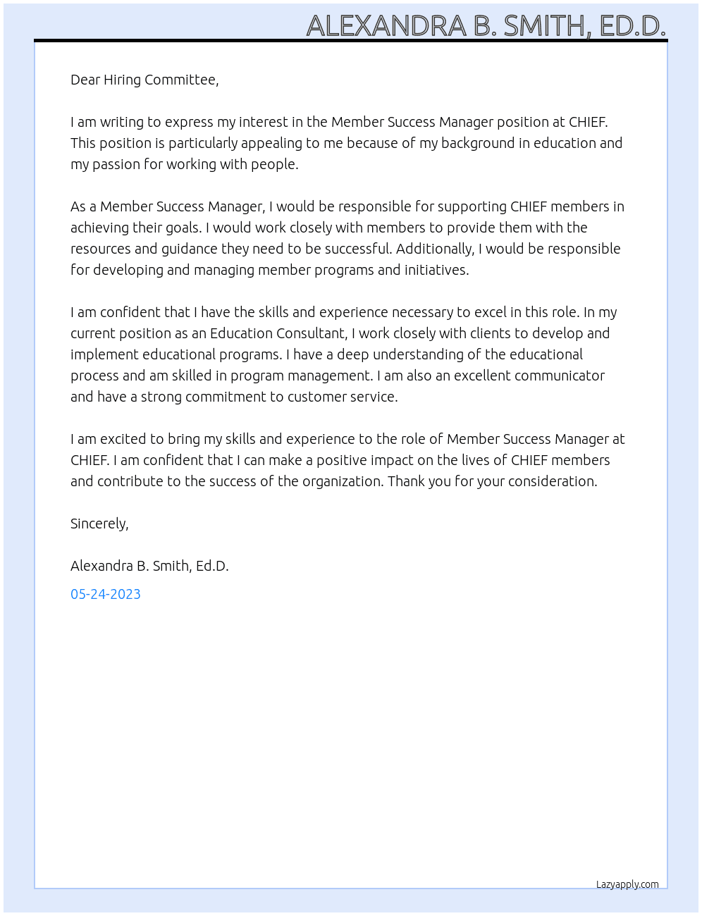 Member Success Manager At CHIEF Cover Letter