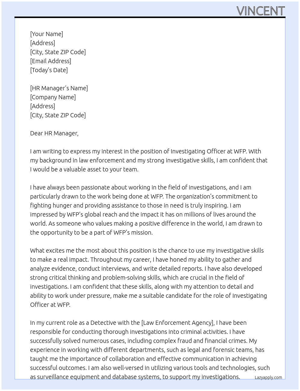 Cover letter for investigating officer - LazyApply