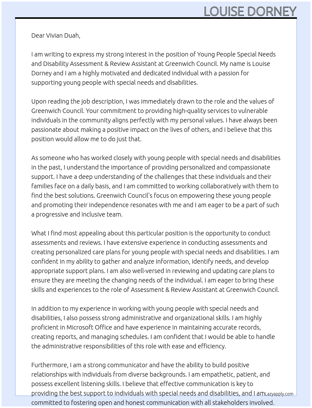 young people special needs and disability Assessment & Review Assistant At Greenwich Council Cover Letter