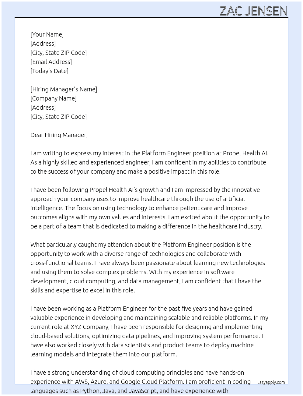Platform Engineer At Propel Health AI Cover Letter