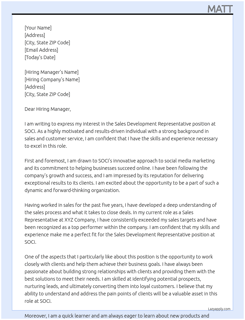 Sales Development Representative At SOCi Cover Letter