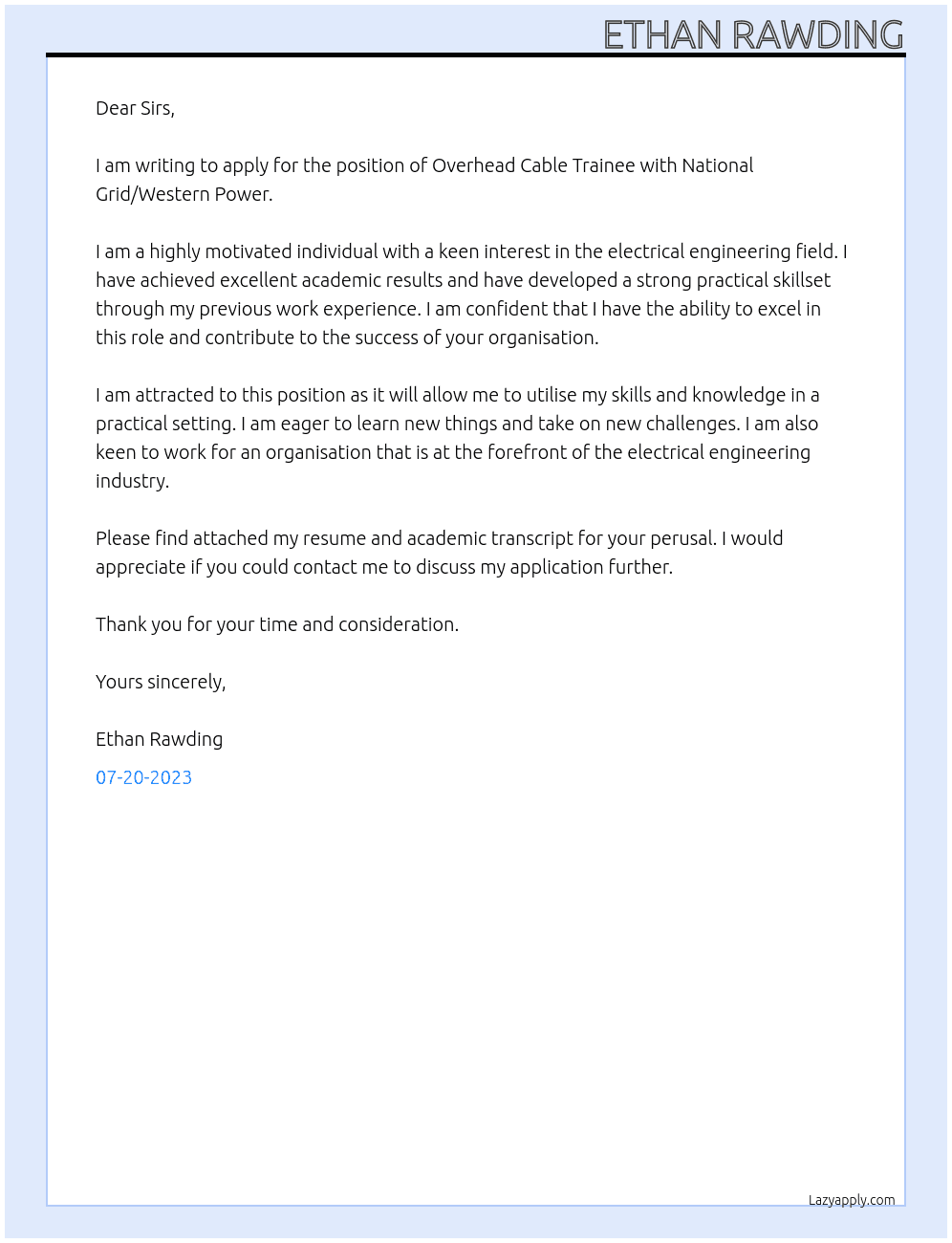 Overhead cable trainee  At National grid/Western power  Cover Letter