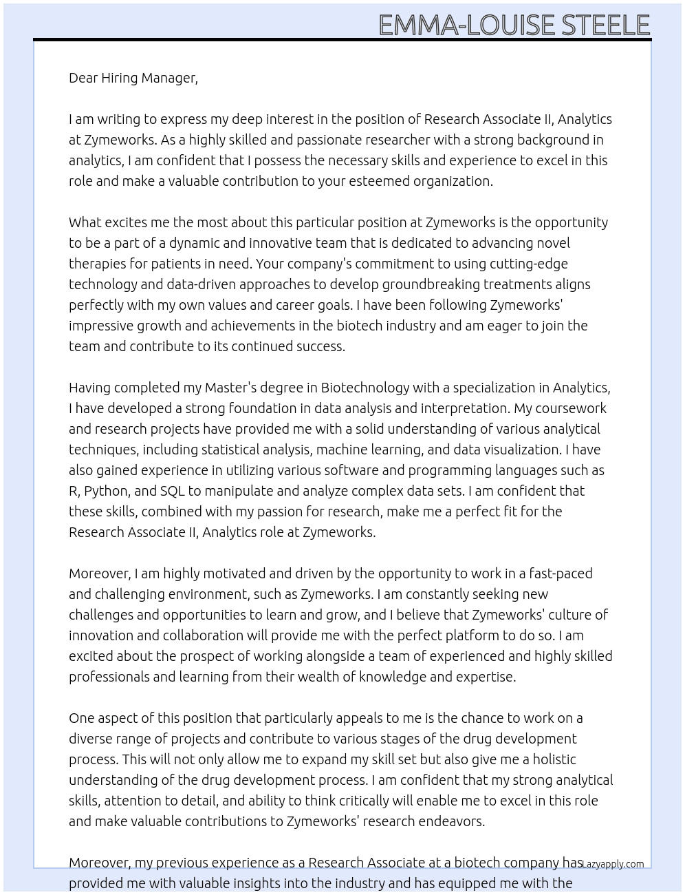 Research Associate II, Analytics At Zymeworks Cover Letter