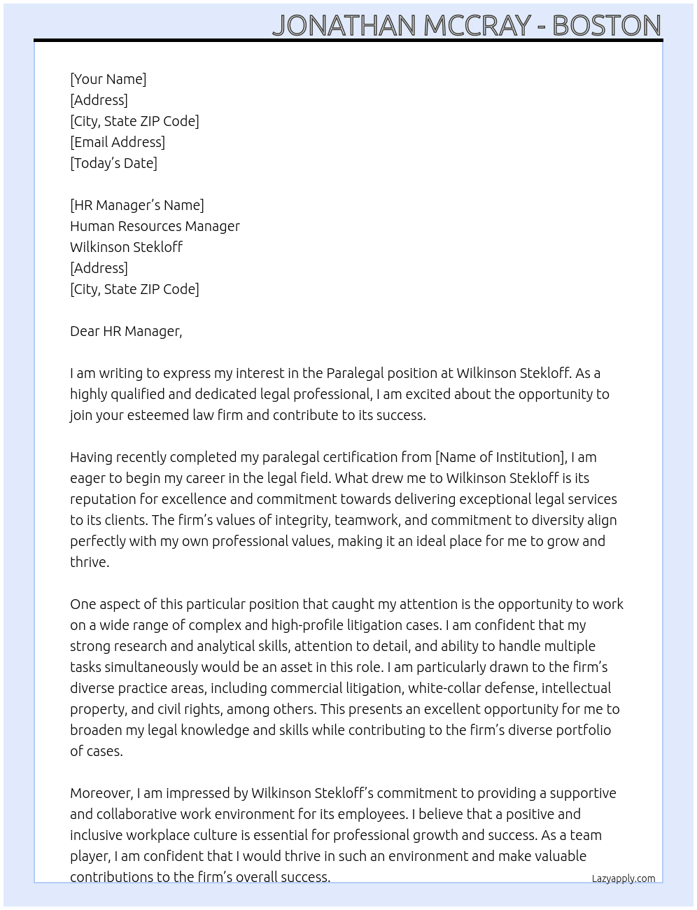 Paralegal At Wilkinson Stekloff Cover Letter