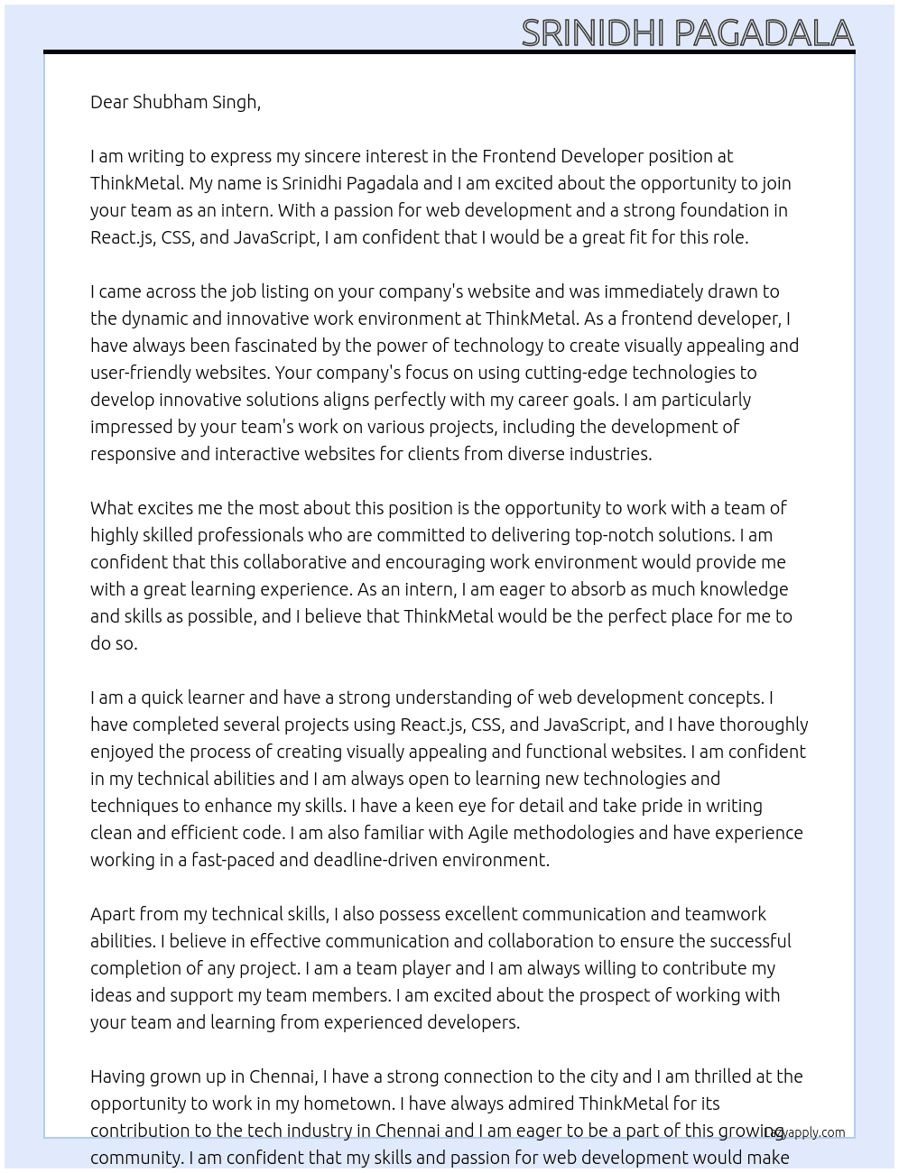 Frontend Developer At ThinkMetal Cover Letter