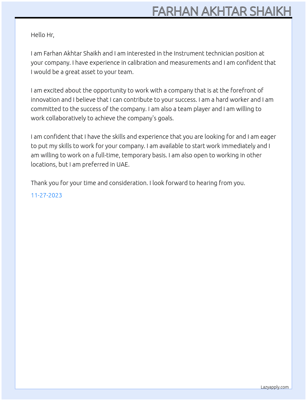 Instrument technician At Instrument mechanic Cover Letter