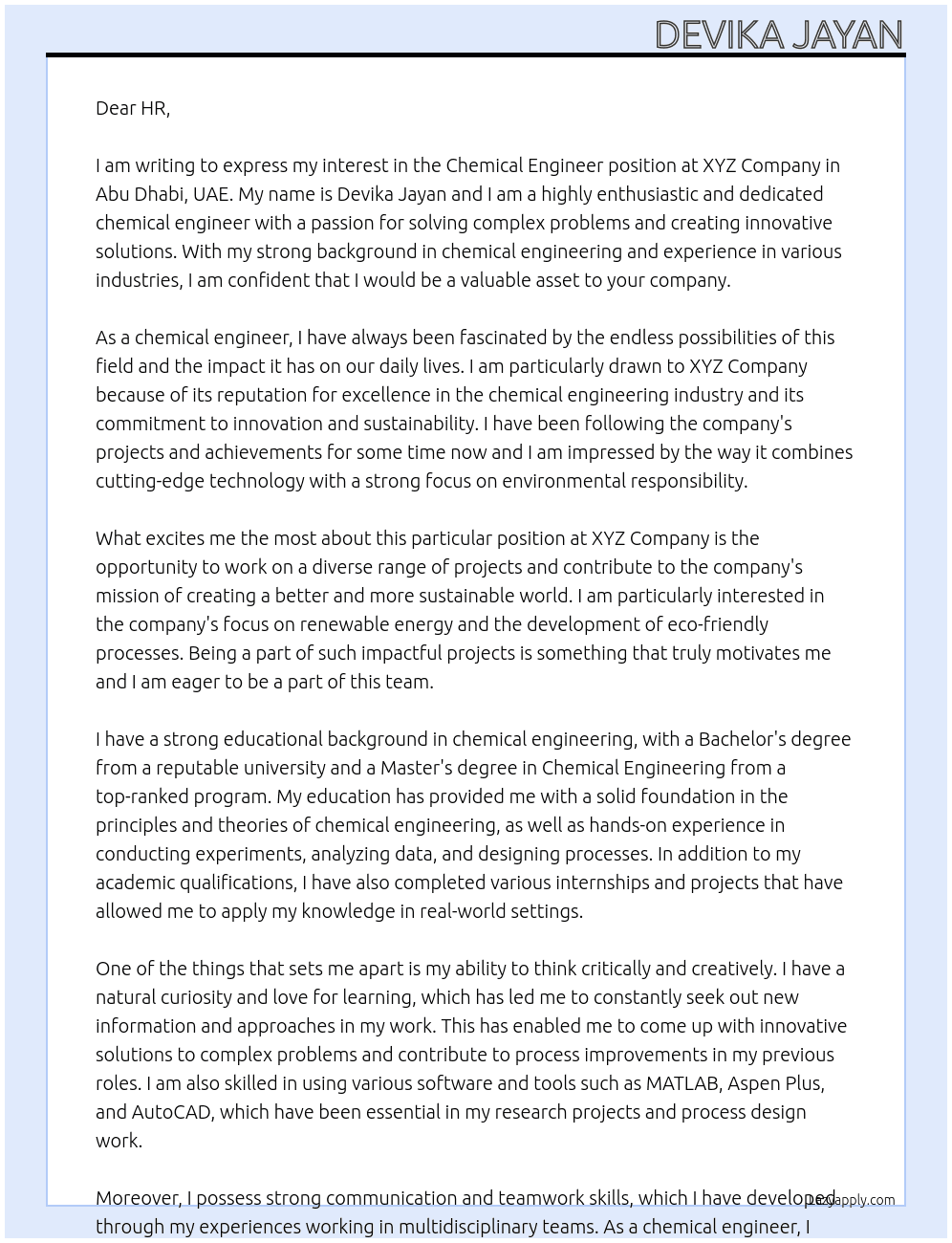 Chemical engineer At XYZ Cover Letter