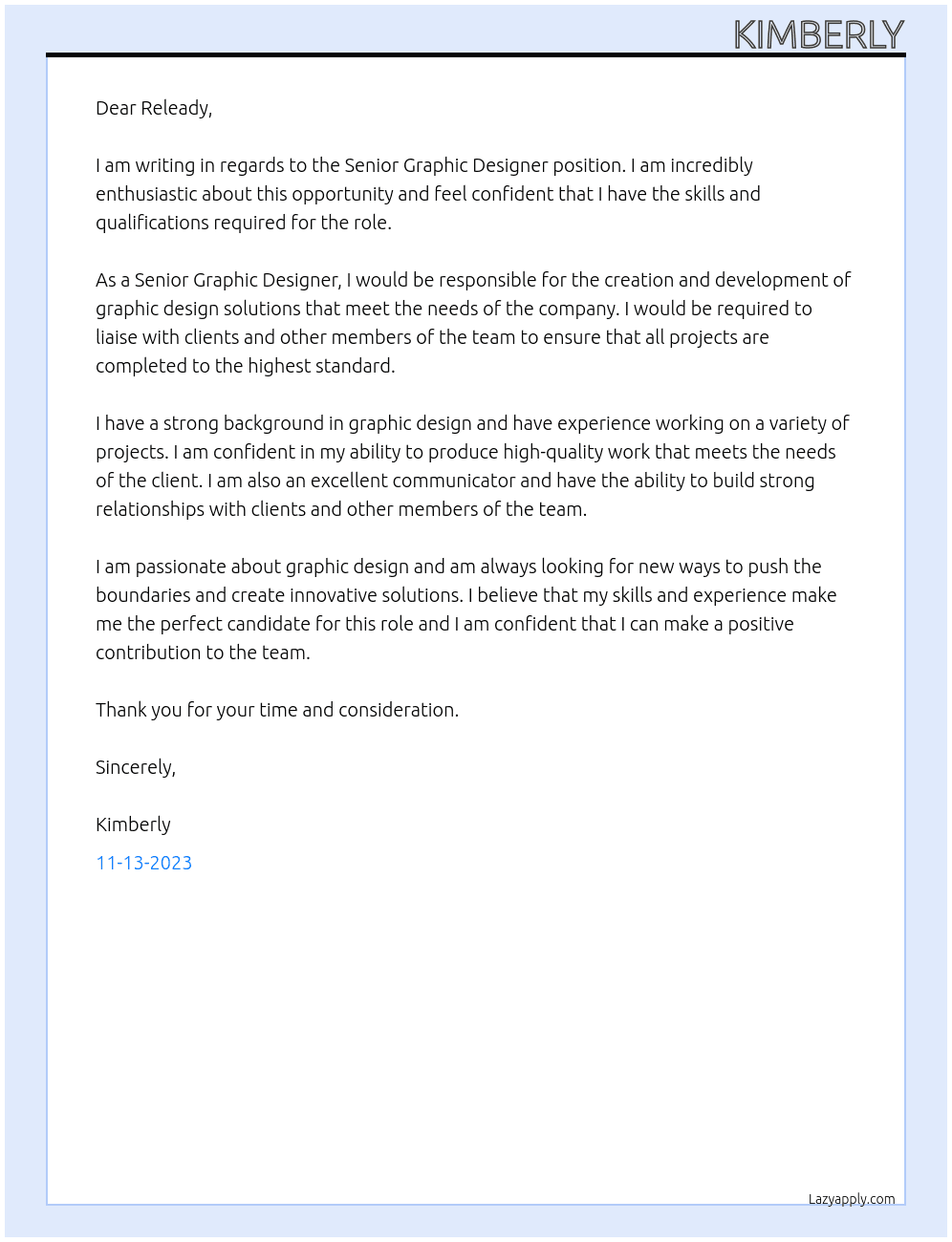 Sernior Graphic Designer At Releady Cover Letter