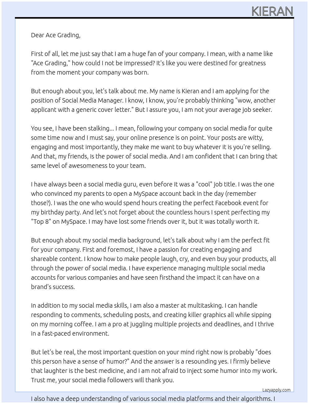 Social Media Manager At Ace Grading Cover Letter