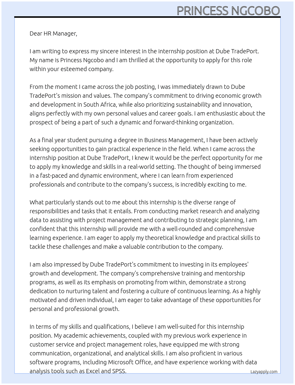 Internship At Dube TradePort  Cover Letter