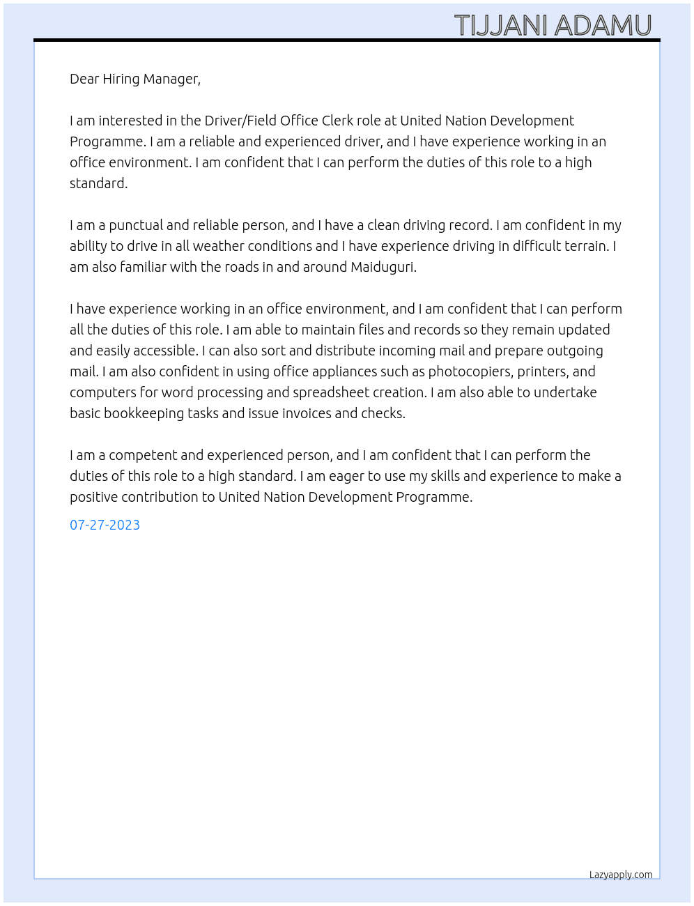 Driver/Field Office Clerk  At United Nation Development Programme  Cover Letter
