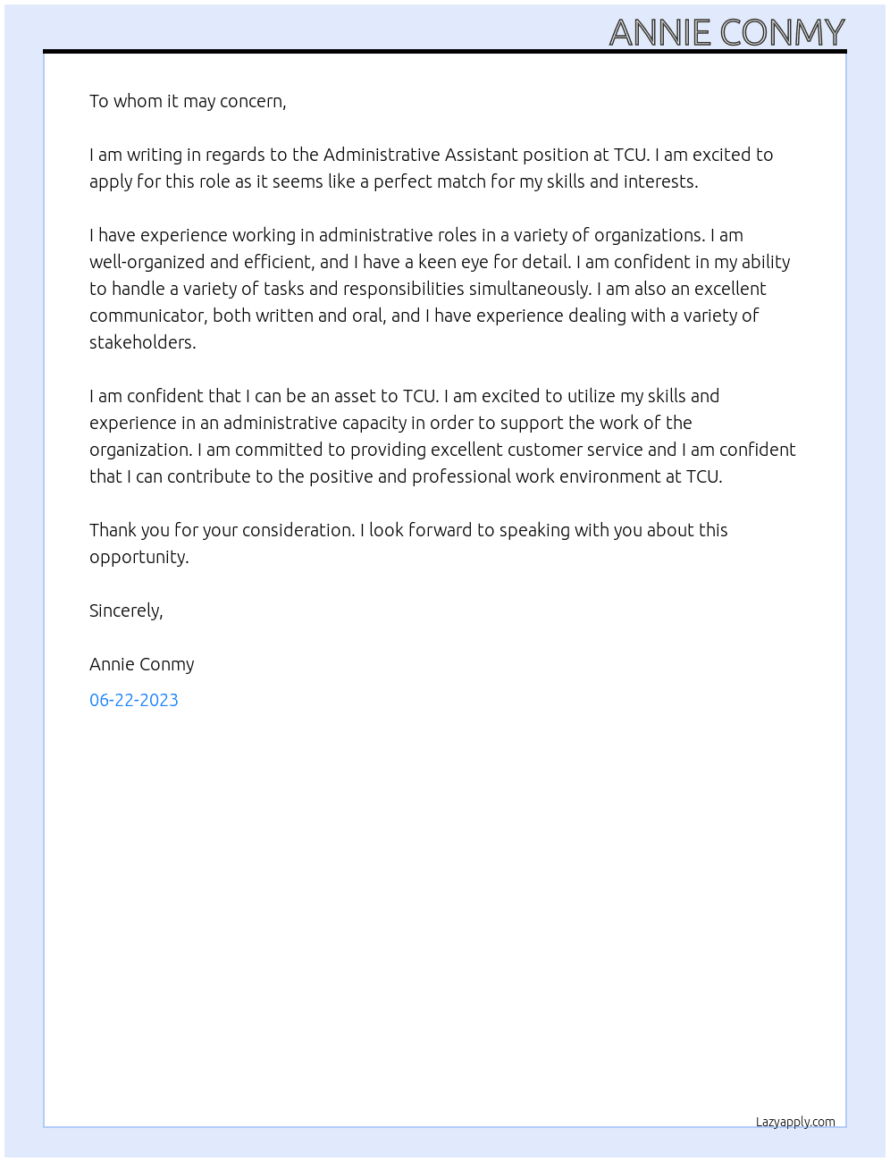 Administrative Assistant At TCU Cover Letter