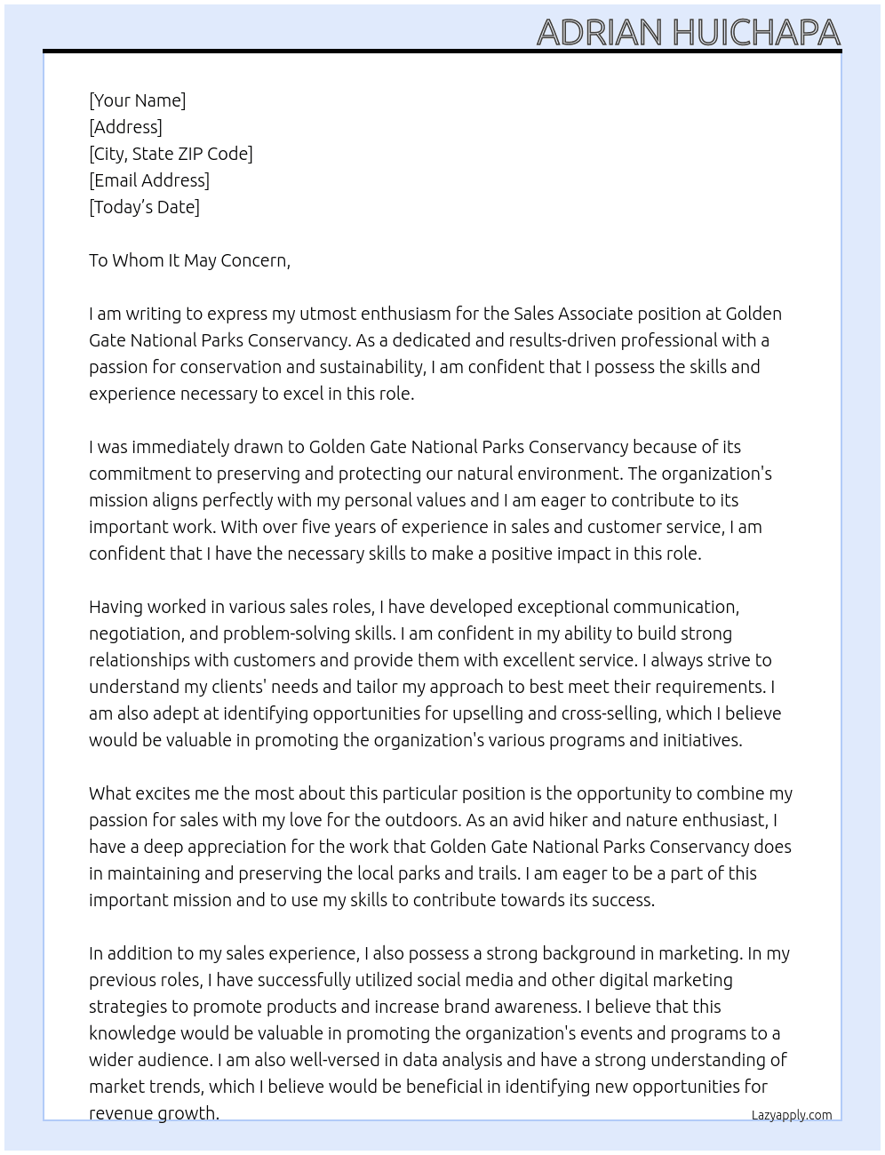 Sales Associate At Golden Gate National Parks Conservency Cover Letter