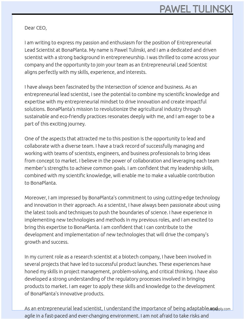 Entrepreneurial Lead Scientis At BonaPlanta Cover Letter