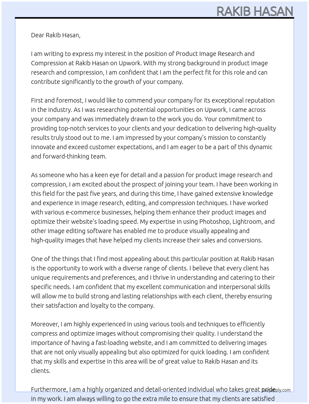 upwork cover latter for Product Image Research and Compression At Rakib hasan Cover Letter