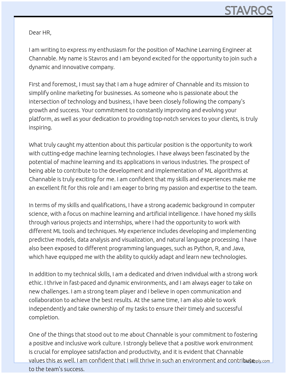 Machine Learning Engineer At Channable Cover Letter