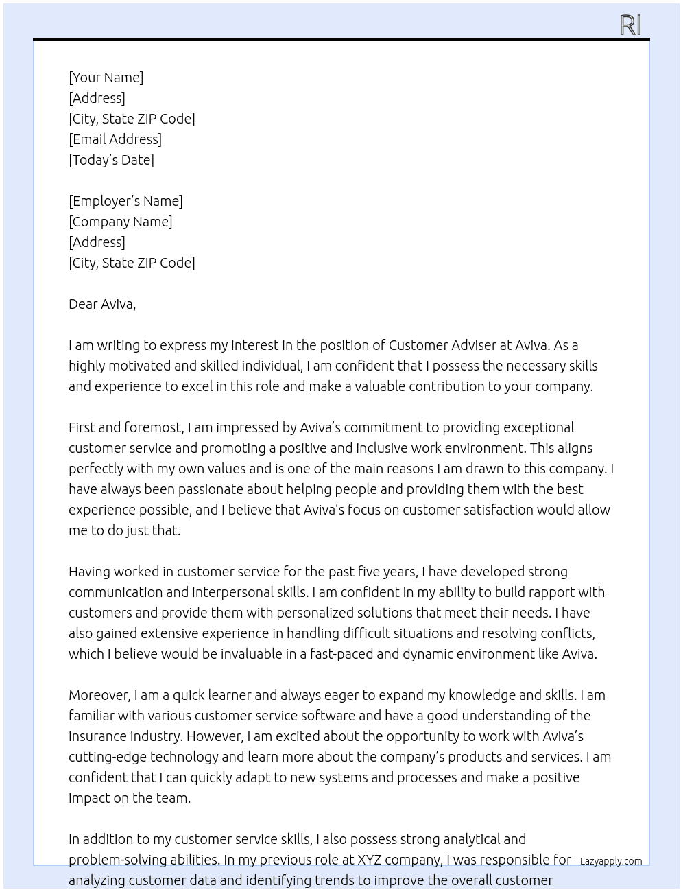customer adviser  At Aviva Cover Letter