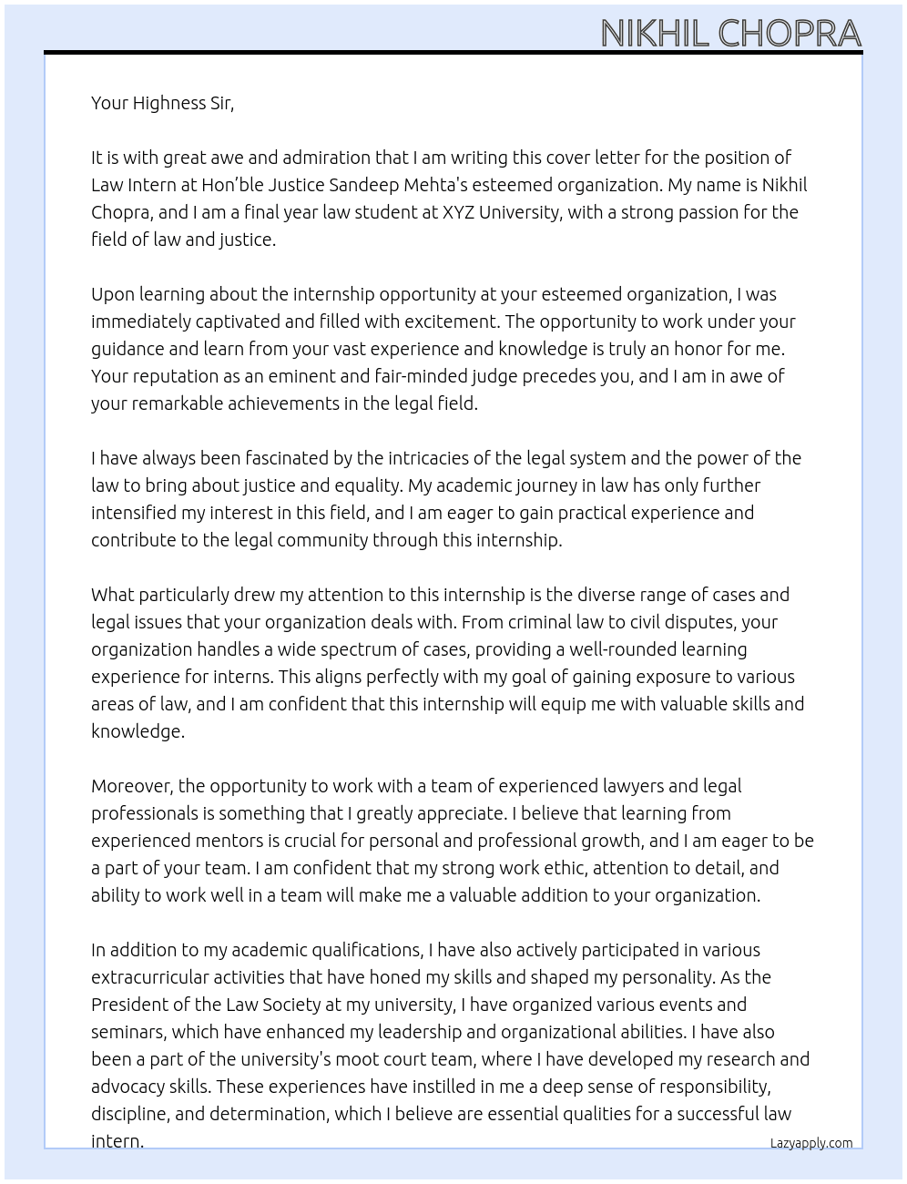 Law intern At Hon’ble Justice Sandeep Mehta Cover Letter
