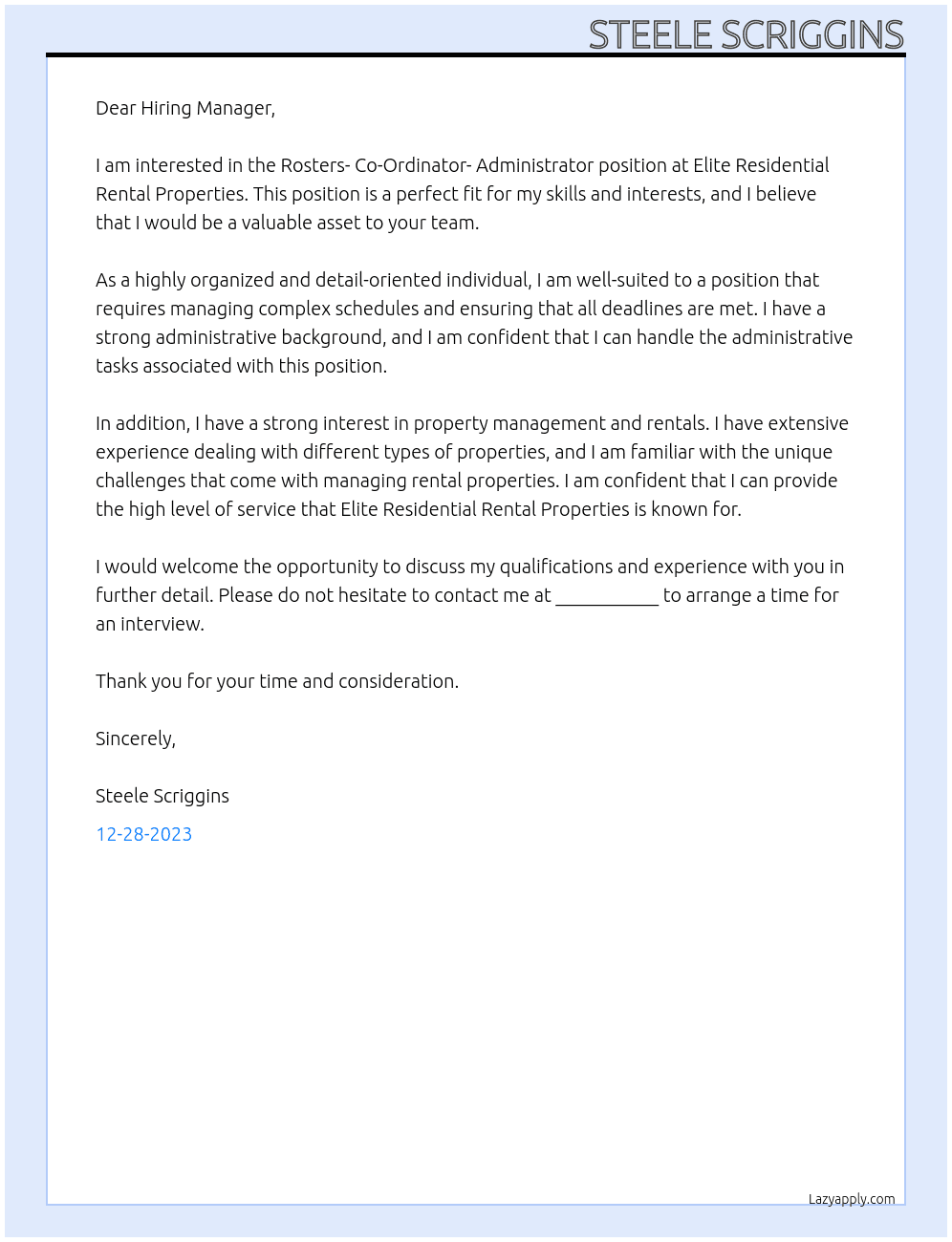 Rosters- Co-Ordinator- Administrator At Elite Residential Rental Properties Cover Letter