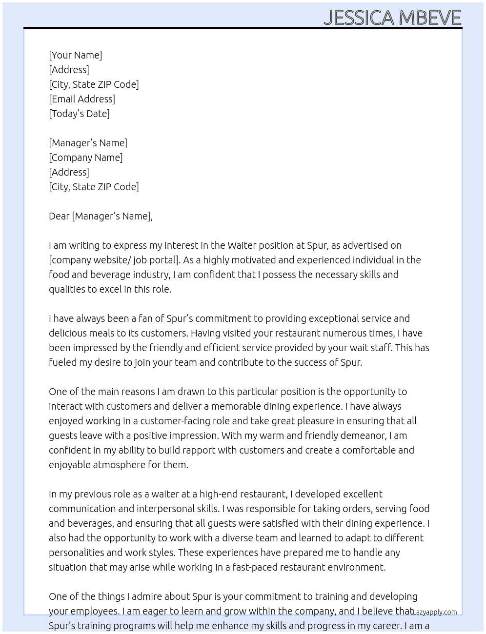 Waiter At Spur Cover Letter