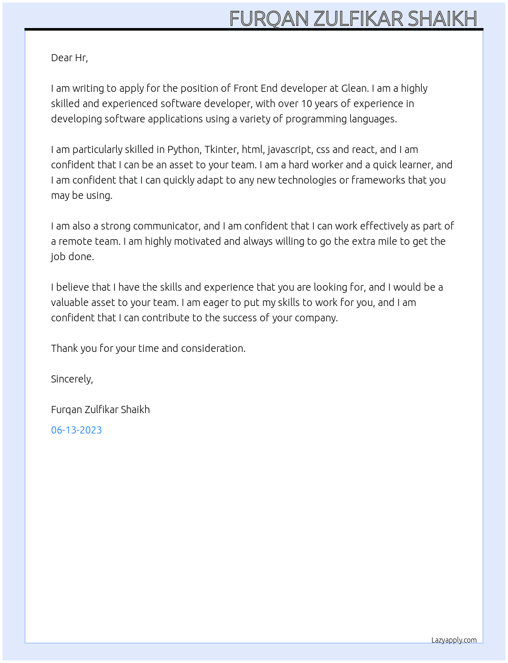 Front End developer  At Glean Cover Letter