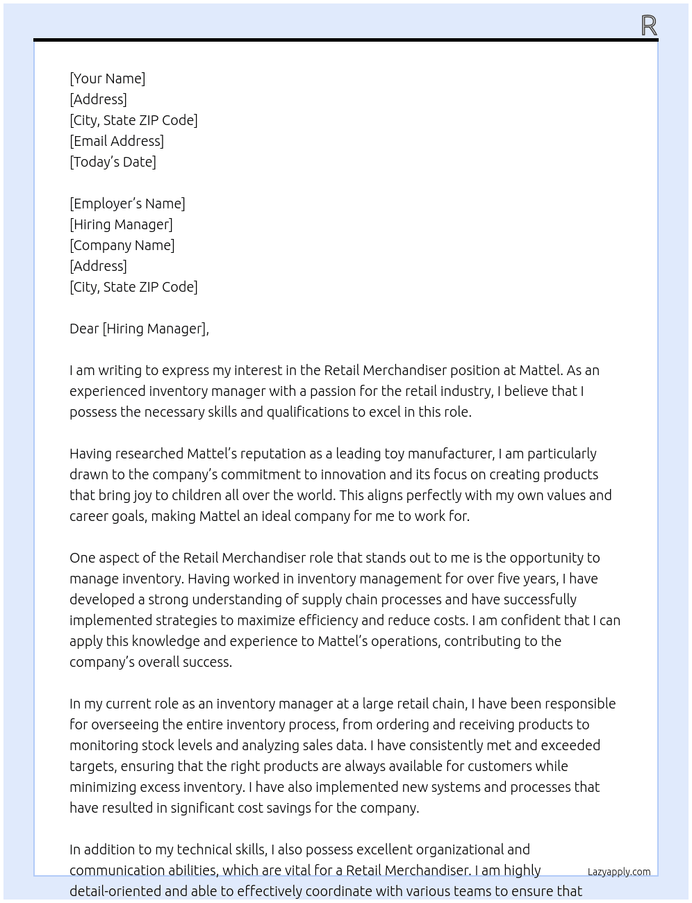 retail merchandiser At mattel Cover Letter