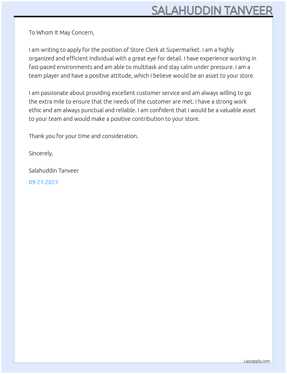 Store Clerk At SUPERMARKET Cover Letter
