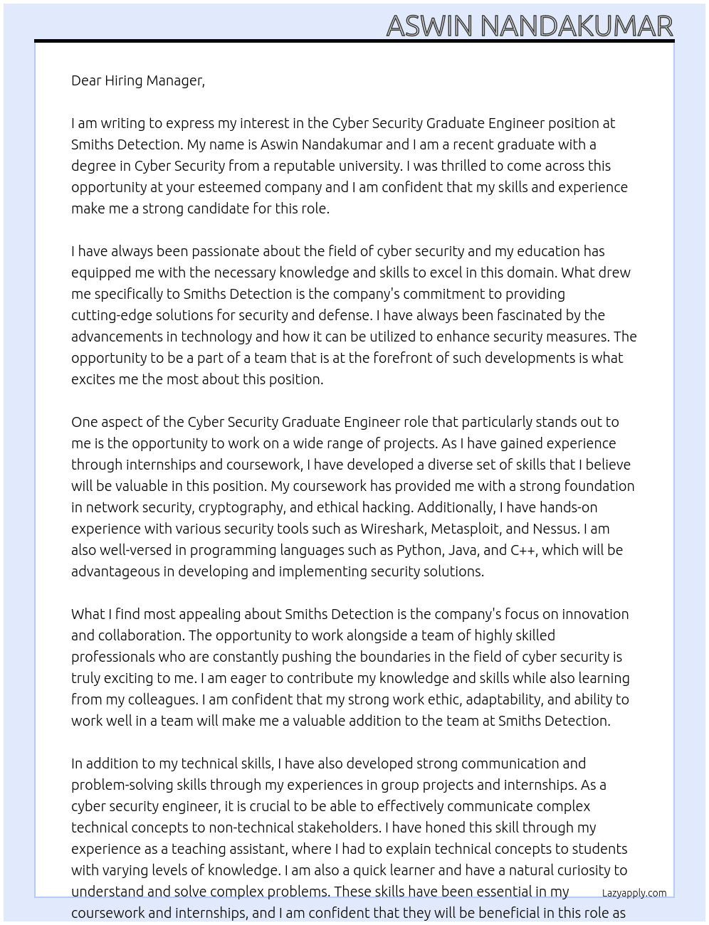 Cyber Security Graduate Engineer At Smiths Detection Cover Letter