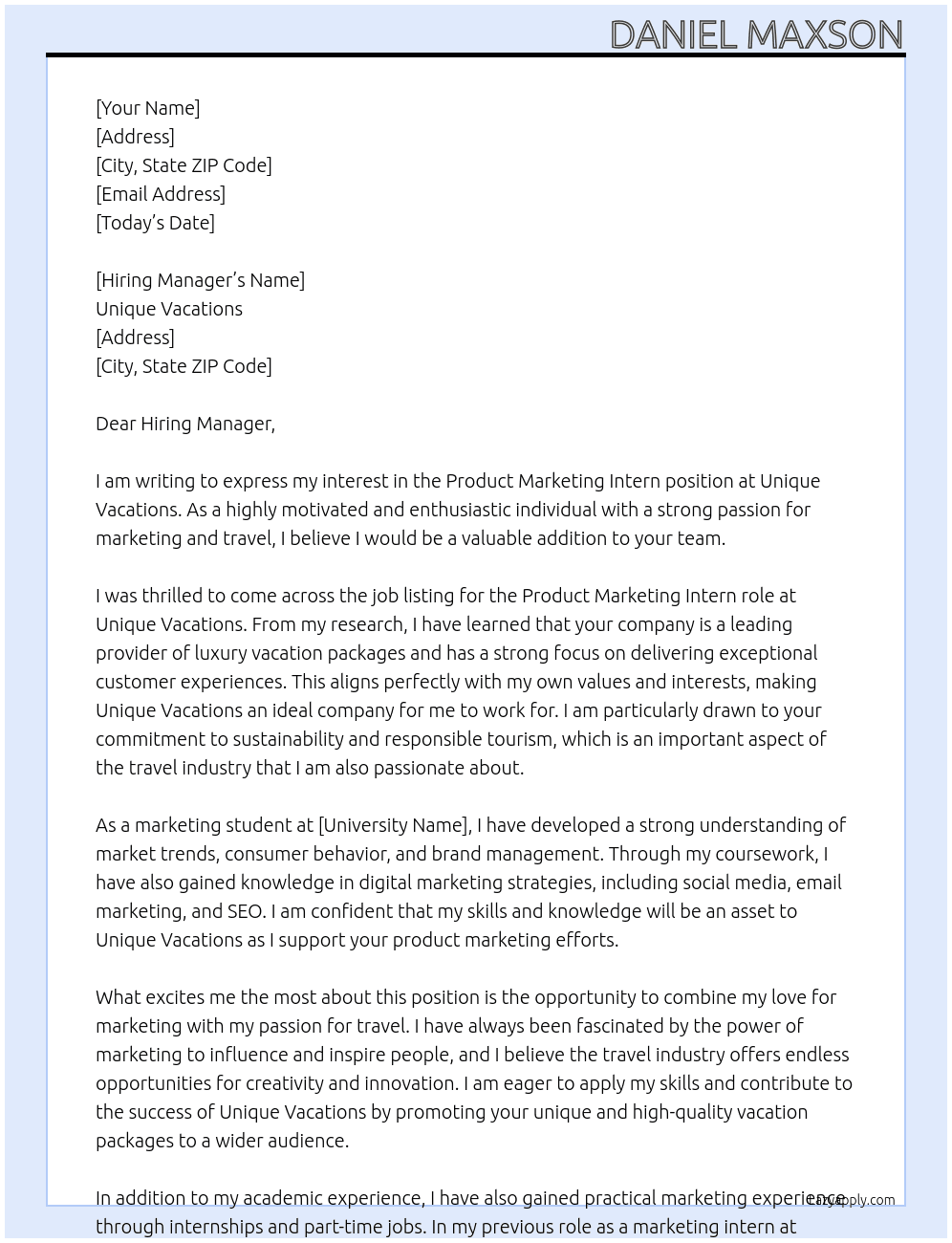 Product Marketing Intern At Unique Vacations Cover Letter