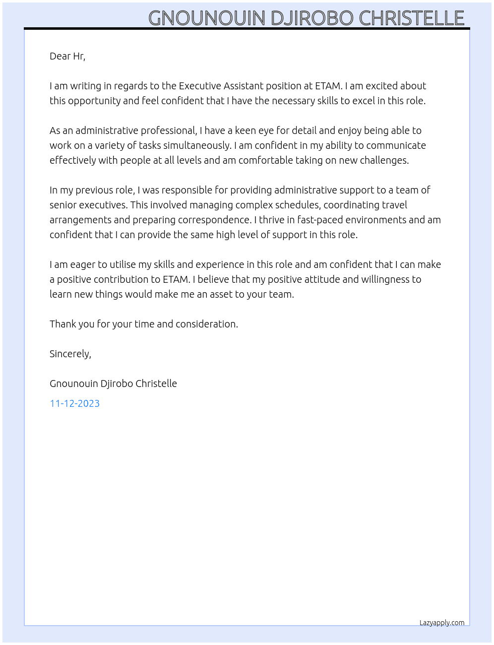 Executive assistant  At ETAM  Cover Letter