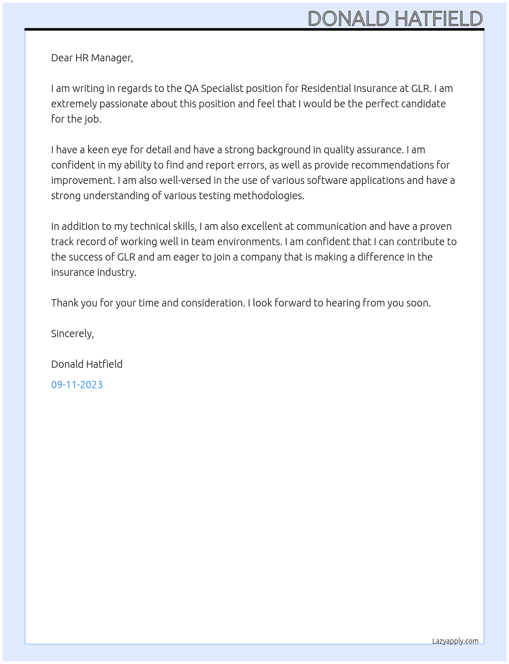 QA Specialist Residential Insurance At GLR Cover Letter