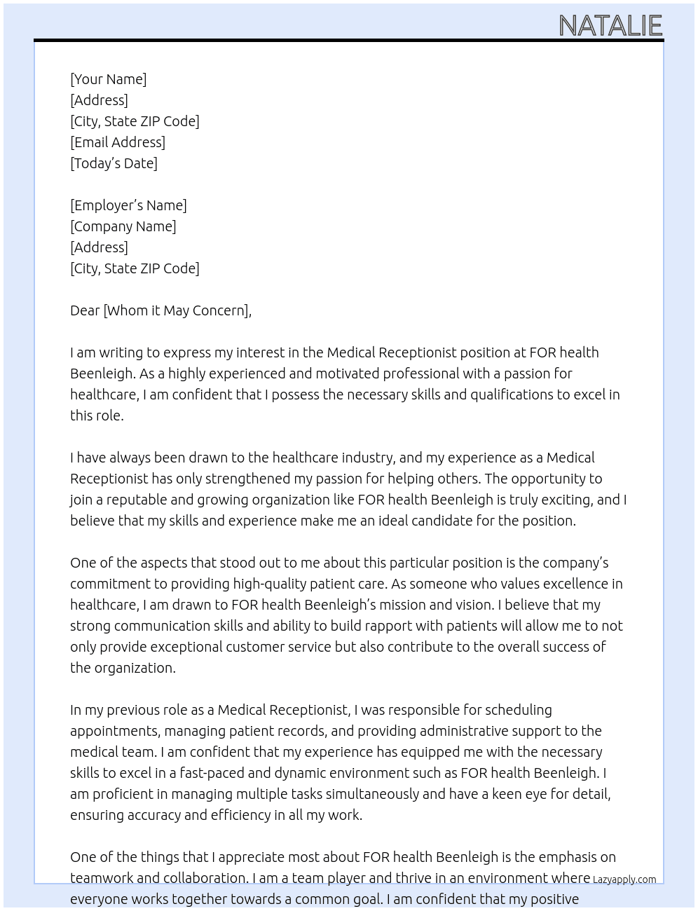 Medical Receptionist  At FOR health Beenleigh  Cover Letter