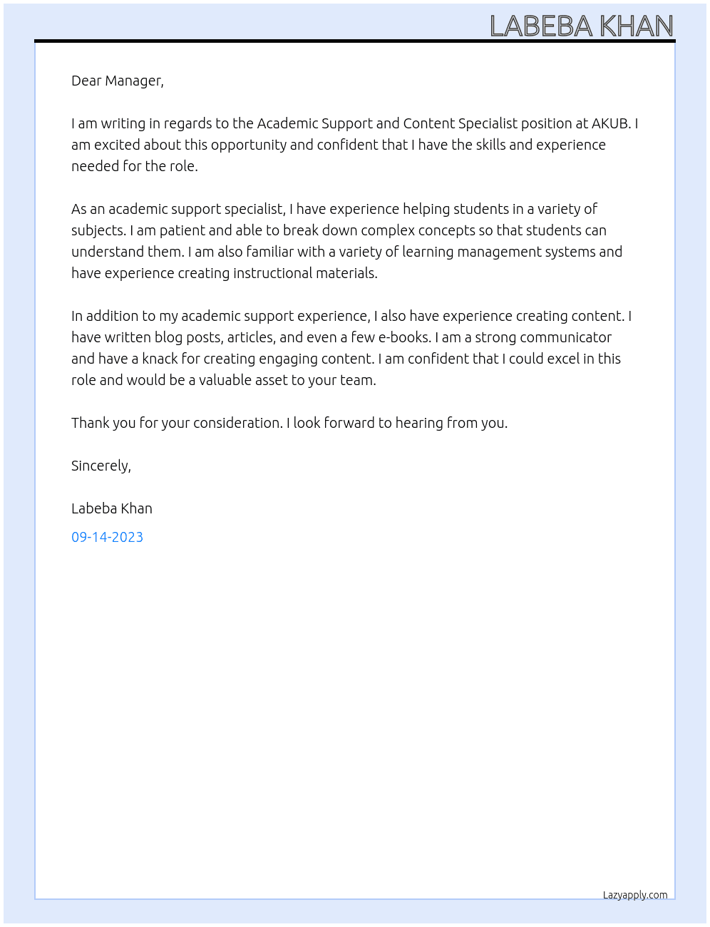 Academic Support and Content Specialist At AKUB Cover Letter