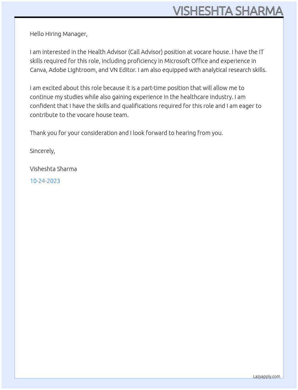 111 Health Advisor (Call Advisor)  At vocare house Cover Letter