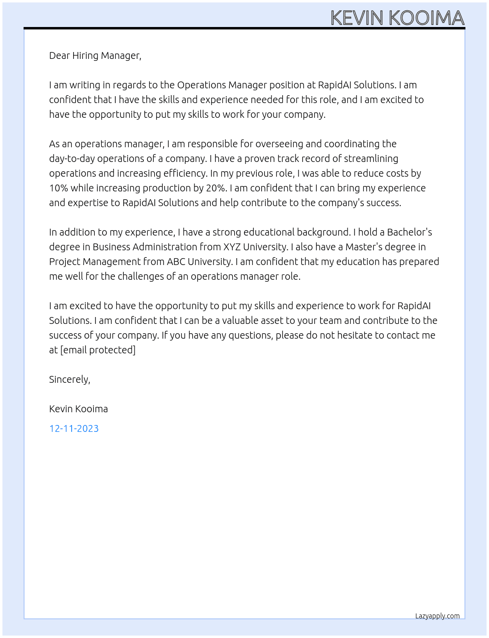 Operations Manager At RapidAI Solutions Cover Letter
