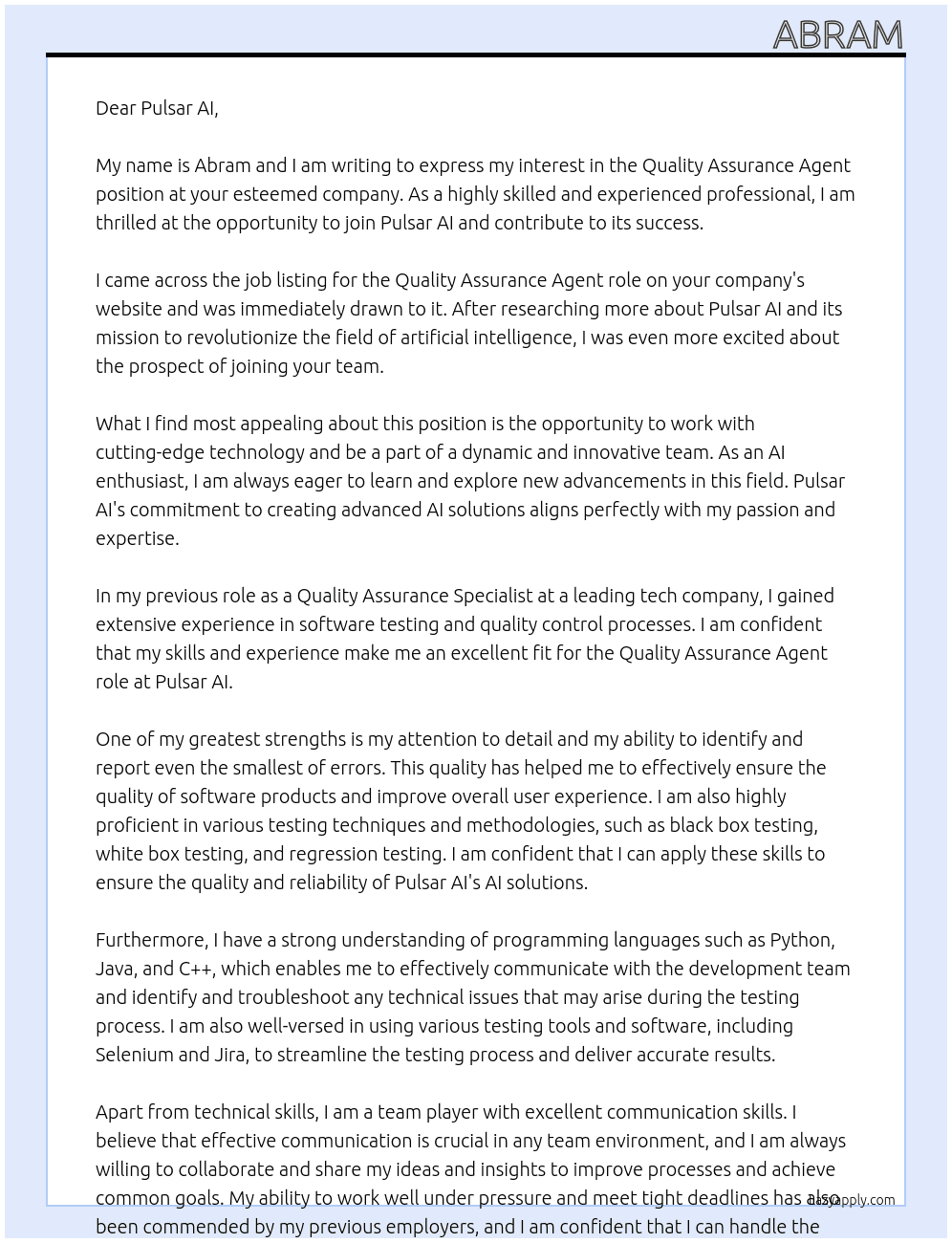 Quality Assurance Agent At Pulsar AI Cover Letter