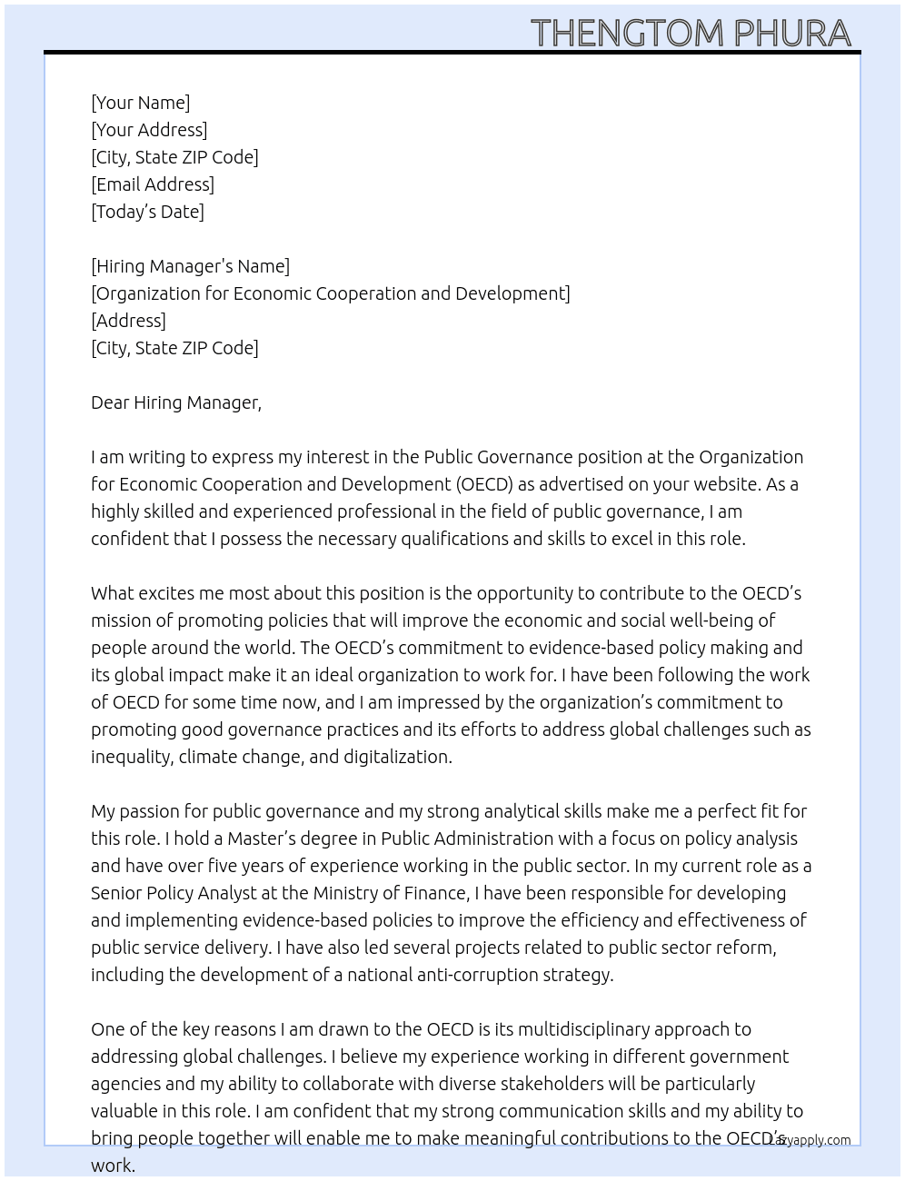 Public Governance  At Organisation for Economic Cooperation and Development  Cover Letter