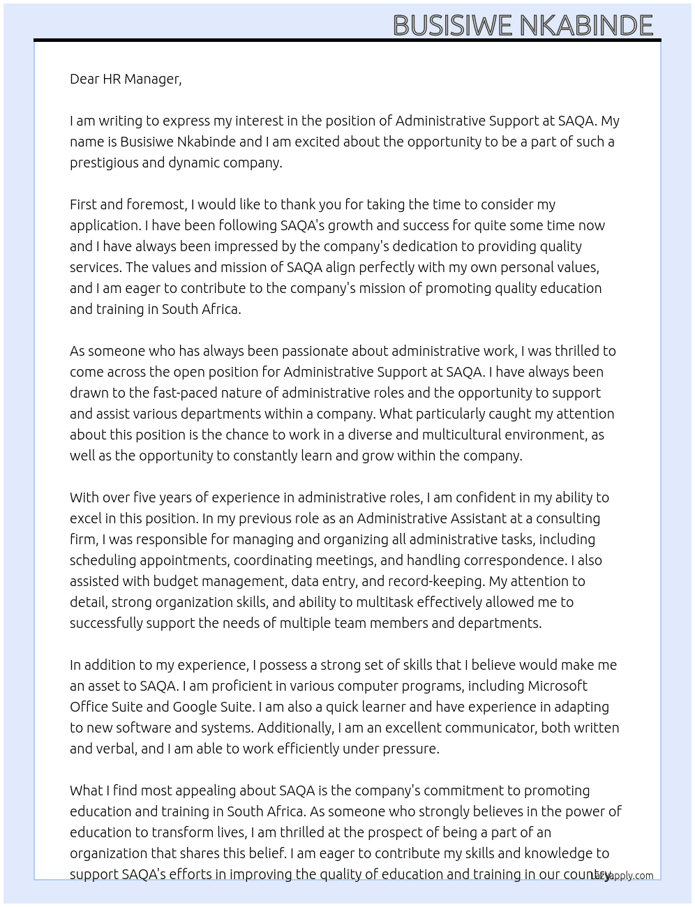 Administrative support At SAQA  Cover Letter
