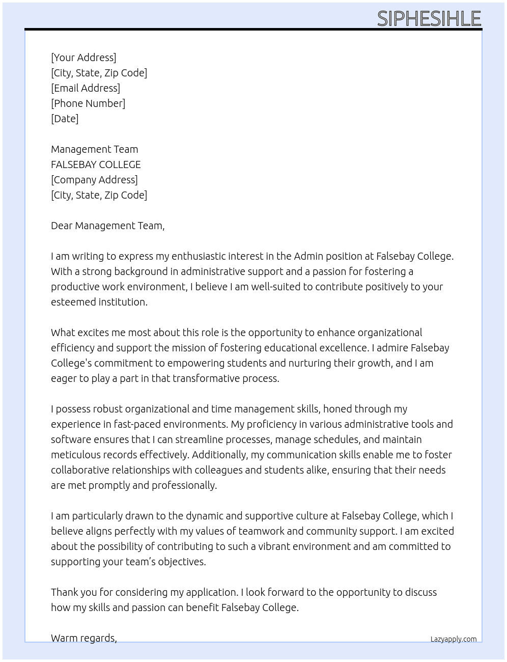 Cover letter for admin - LazyApply