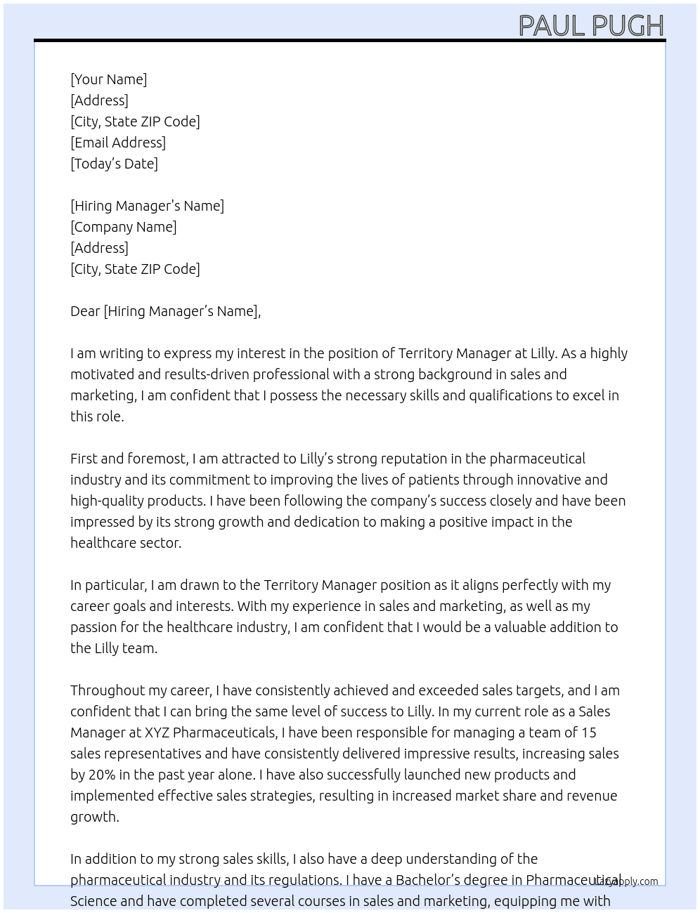 Territory manager At lilly Cover Letter