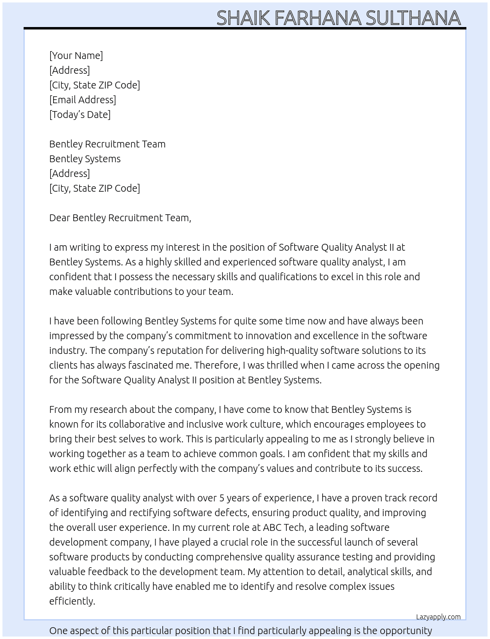 Software Quality Analyst II At Bentley Systems Cover Letter