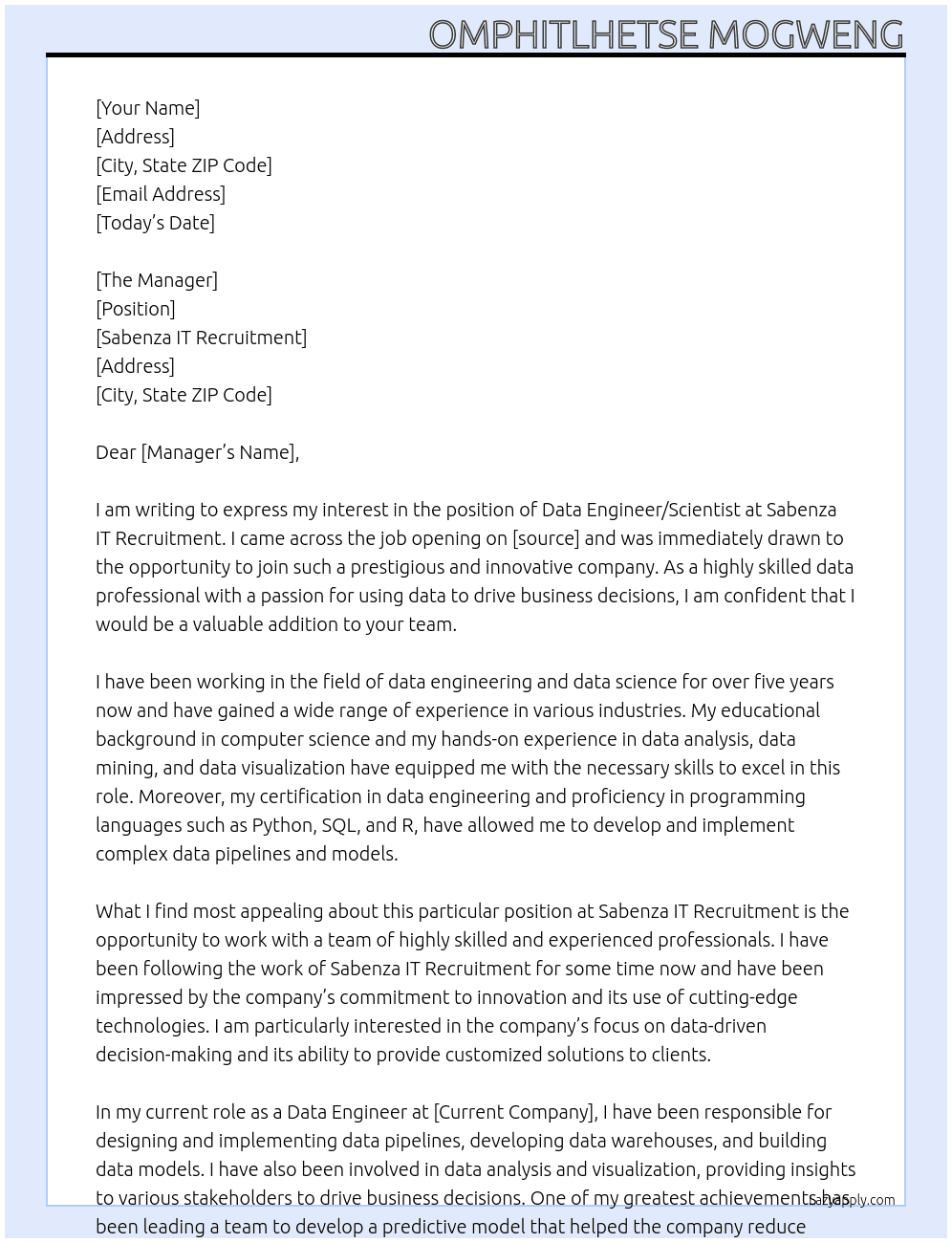 DATA ENGINNER/SCIENTISTS  At Sabenza IT Recruitment  Cover Letter