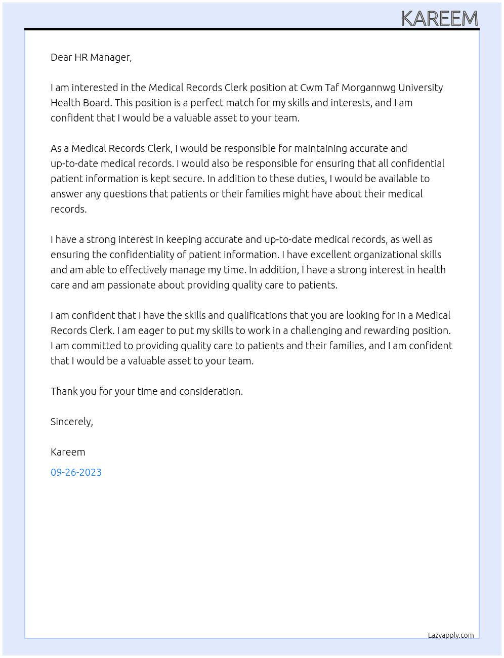Medical Records Clerk At Cwm Taf Morgannwg University Health Board Cover Letter