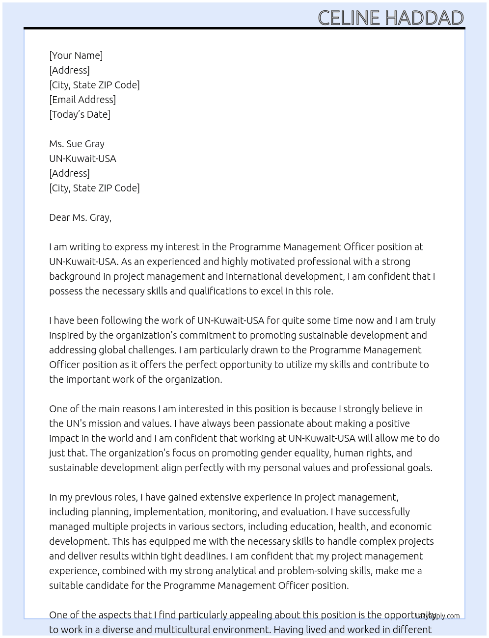 Programme Management Officer At UN-Kuwait-USA Cover Letter