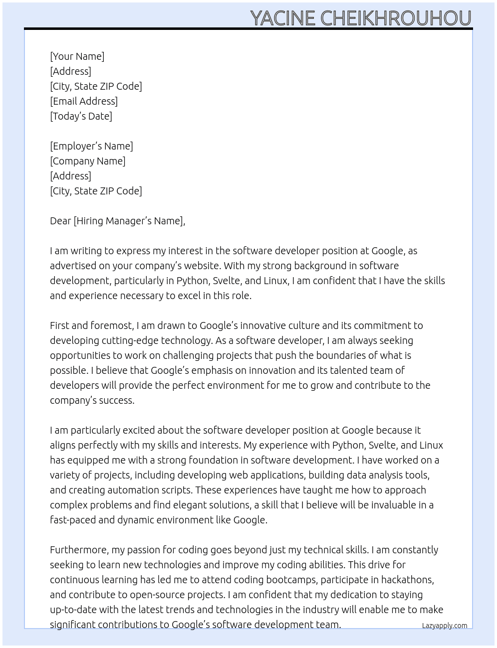 software developper At google Cover Letter