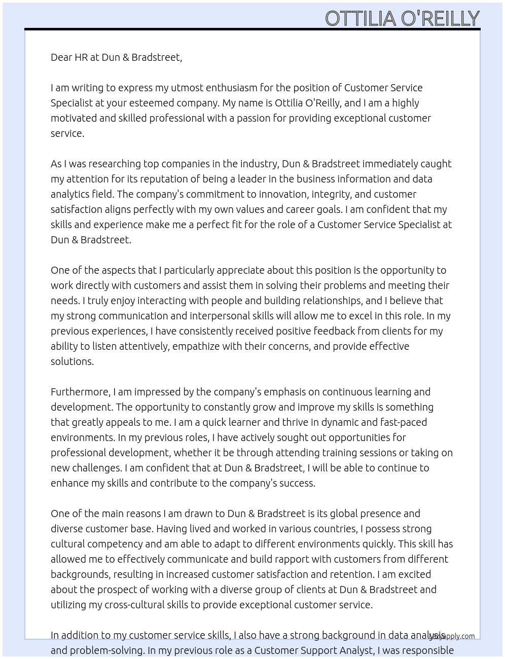 Customer Service Specialist At dun & bradstreet Cover Letter