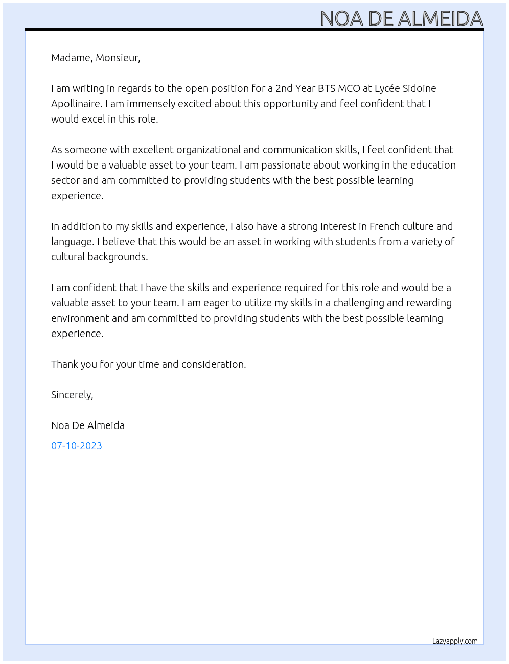 Application for 2nd Year BTS MCO At Lycée Sidoine Apollinaire Cover Letter