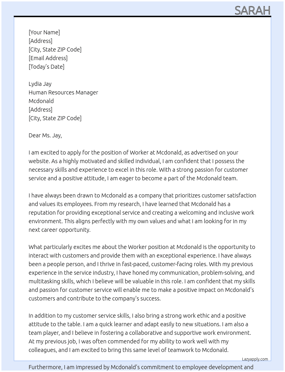 Worker At Mcdonald Cover Letter